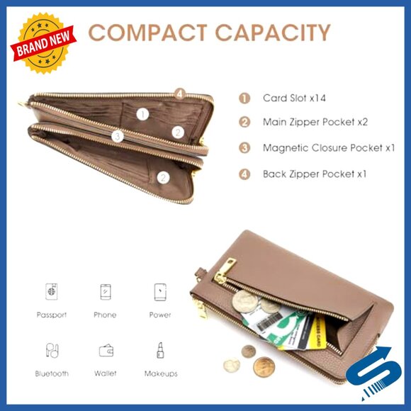Leather RFID Wristlet Wallet, Slim Clutch with Card Slots, Compact Travel Purse